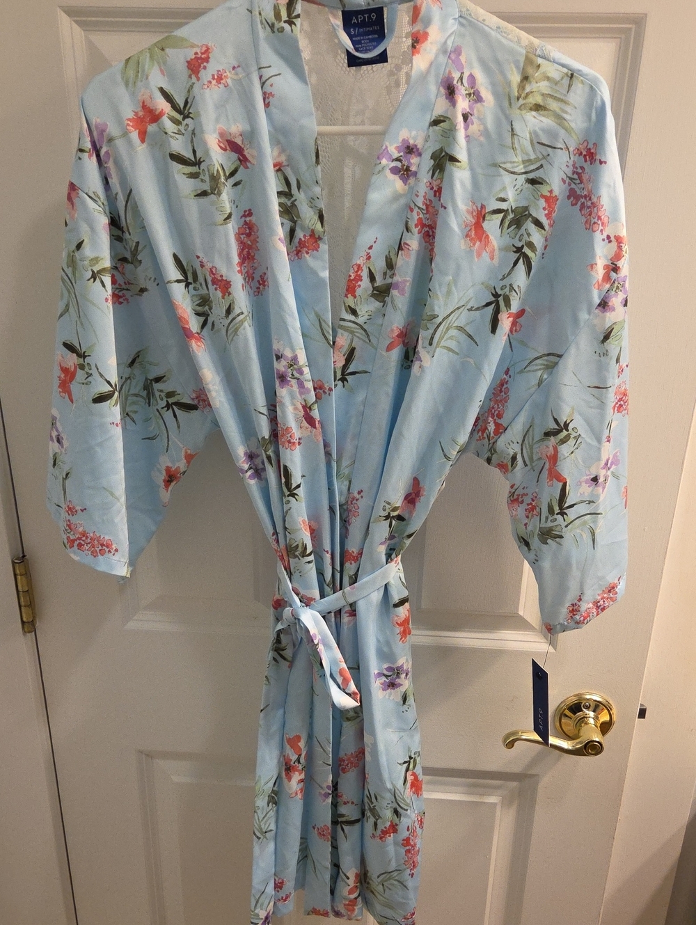 Apt. 9 Light Blue Floral Satin Kimono Robe with Belt